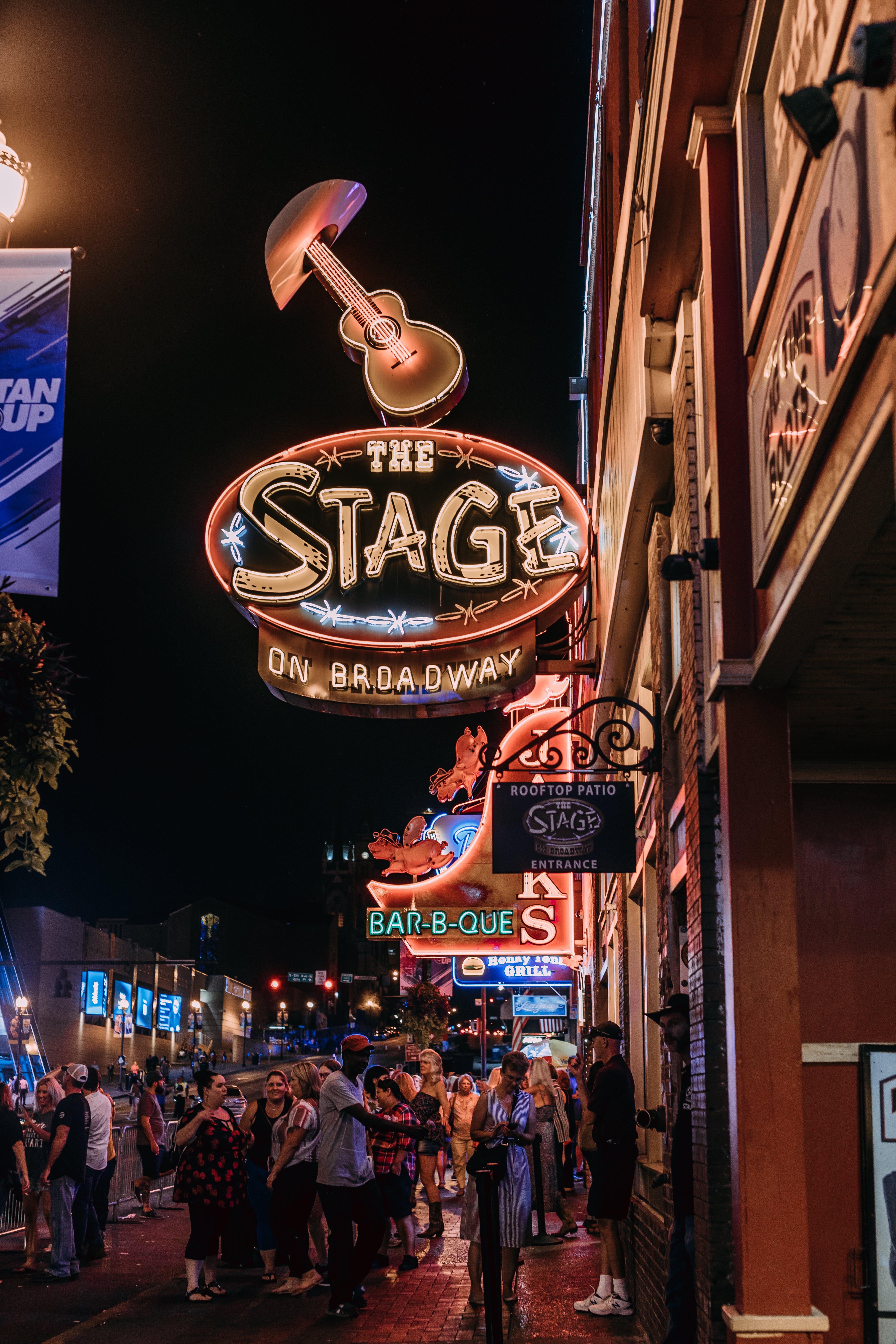 Restaurant exterior with neon signs
