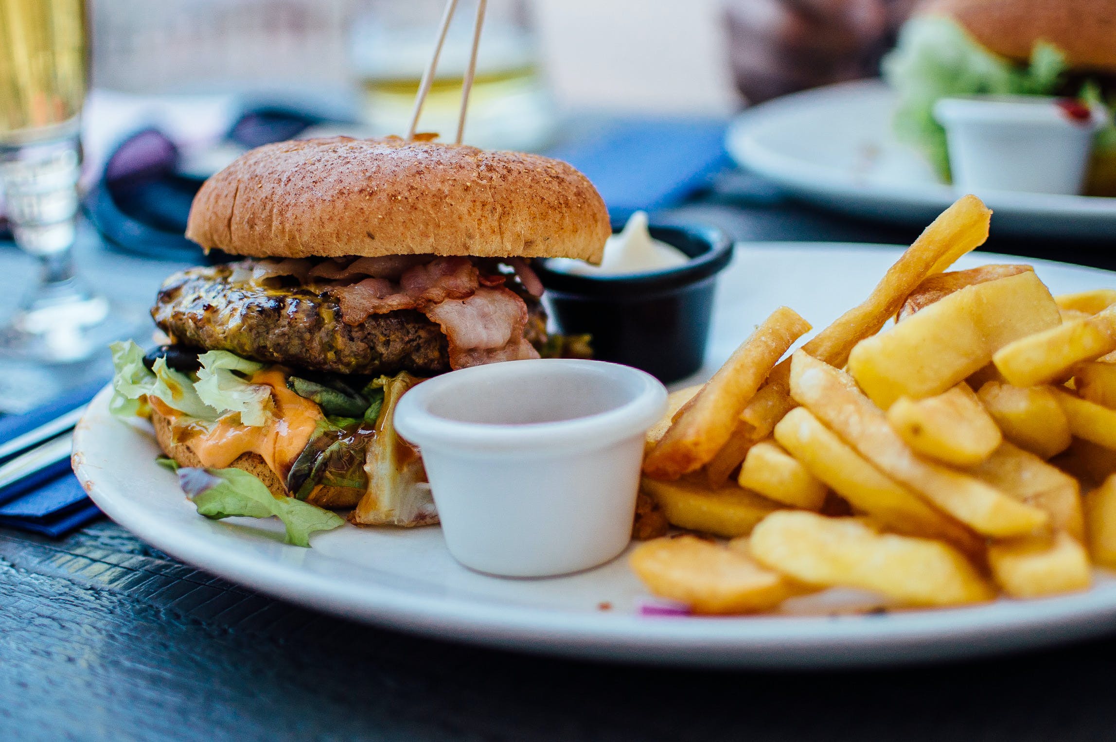 Delicious gourmet burger with fries